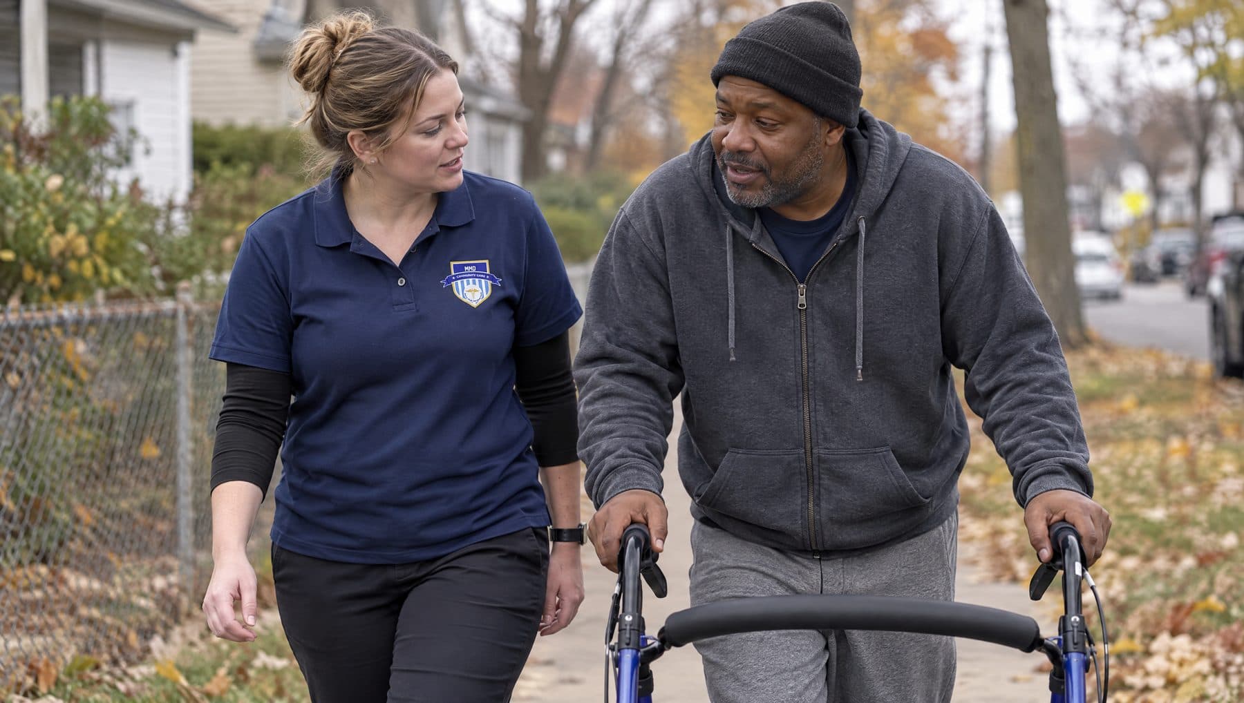 An MMD support worker accompanying a client in the community