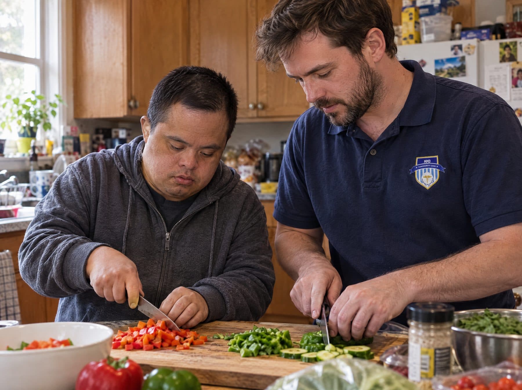 An MMD support worker and a client preparing a meal together at home