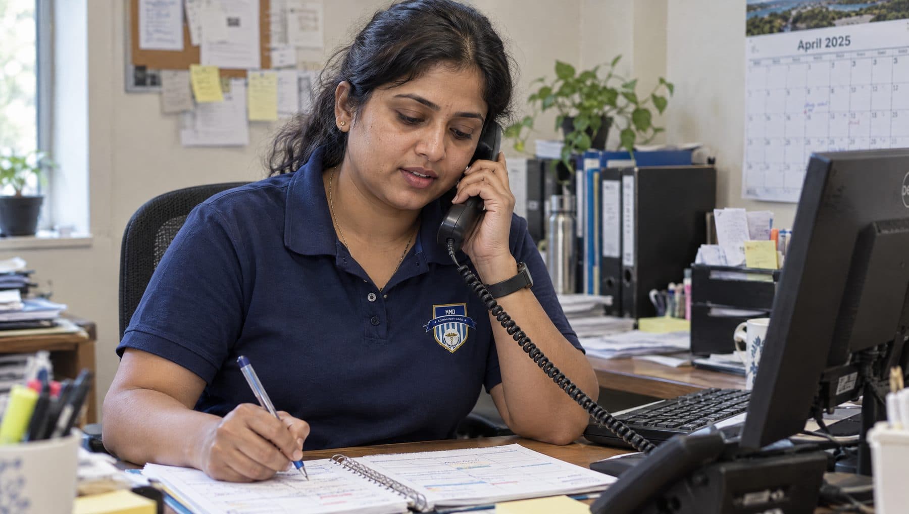 An MMD support worker talking with a client at home