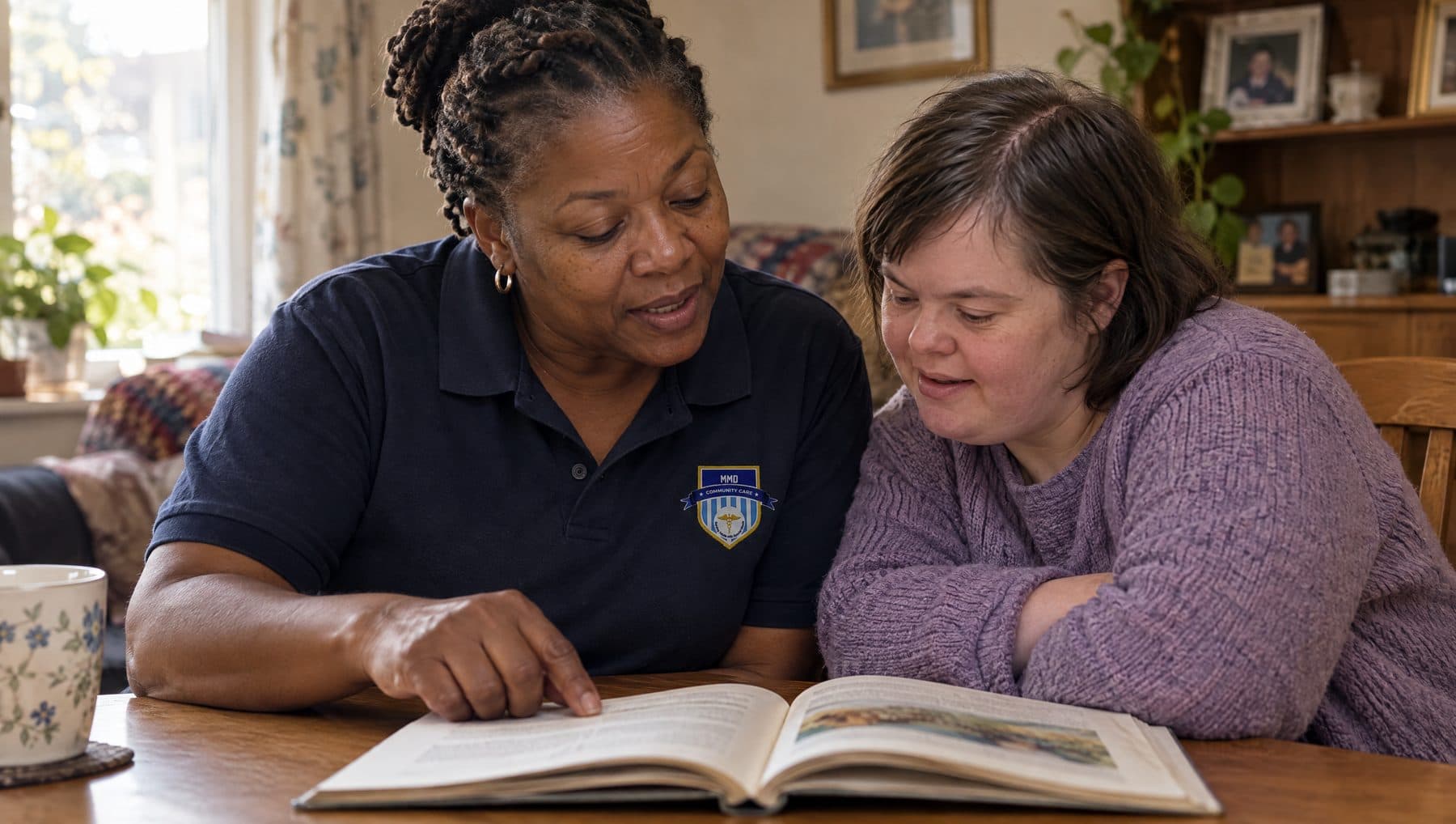 An MMD support worker talking with a client at home